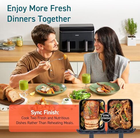 Cosori Dual Air Fryer, 9QT, 10-in-1,Sync Cook & Finish, Max 450°F | Dual 4.5QT Baskets,Independent Cooking, Touch Control, 95°-450°F, 85% less oil, 130+ Nutritional Recipes, Dishwasher-Safe in Saudi Arabia