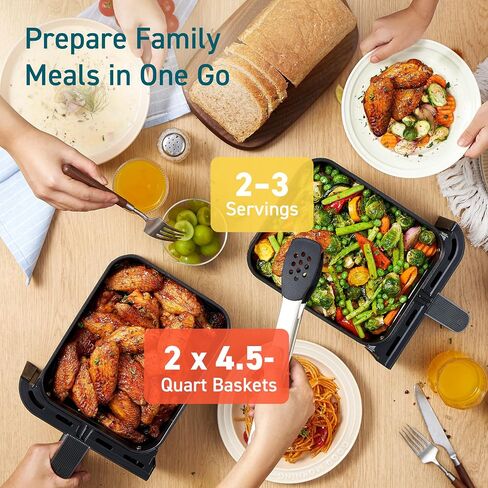 Cosori Dual Air Fryer, 9QT, 10-in-1,Sync Cook & Finish, Max 450°F | Dual 4.5QT Baskets,Independent Cooking, Touch Control, 95°-450°F, 85% less oil, 130+ Nutritional Recipes, Dishwasher-Safe in Saudi Arabia