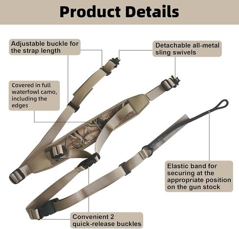 2 Point Hunting Rifle Sling, Quick Release, Padded Camo Shoulder Strap | Bottomland Camo, Tactical gun sling, Stalker Sling , Duck Hunting Gear, Shotgun Sling, Swivels in Saudi Arabia