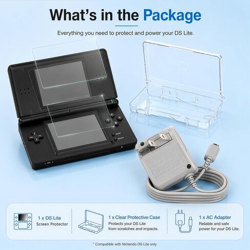 3-in-1 Accessories Kit for NDS Lite Case - Ultra Clear Crystal Transparent Hard Shell Case Cover with Power Charger and Screen Protector Compatible with Nintendo DS Lite NDSL in Saudi Arabia