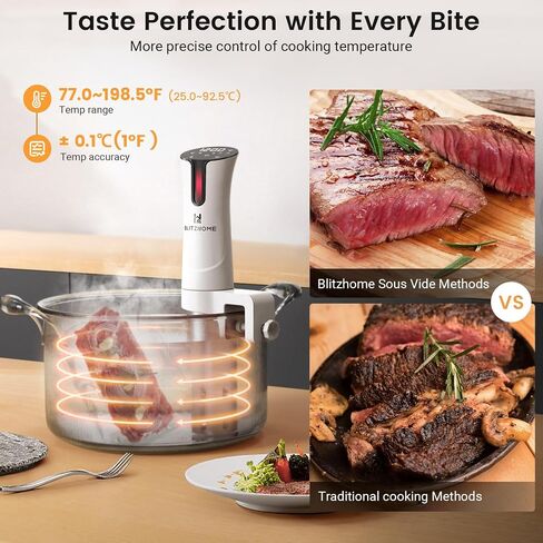 BLITZHOME Sous Vide Machine, WiFi APP Included, 1100W Sous Vide Cooker with Accurate Temperature & Timer, Stainless Ultra Quiet Precision Immersion Circulator Device, Kitchen Gadgets with Recipes in Kuwait