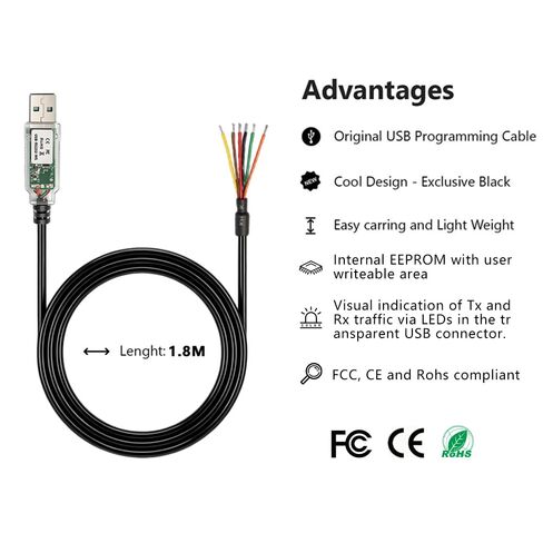 USB-RS232-WE-1800-BT-0.0 USB to RS232 Cable FT232RQ Chip USB Serial Cable Aadapter with TXD,RXD LED,Compatible with Windows 11 10 8 7 Linux MAC OS Wire End(RED=0V) in Saudi Arabia
