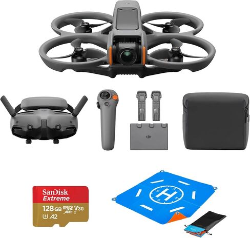 DJI Avata 2 Fly More Combo (3 Batteries) FPV Drone with Camera 4K, One-Push Acrobatics, Propeller Guard, 155 FOV, Camera Drone, Goggles 3 & RC Motion 3 + SD Card & Landing pad,Gray,Beginner-Friendly in Kuwait
