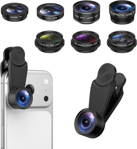 AMIR 7 in 1 Phone Camera Lens Kit with 2X Telephoto, 0.63X Wide Angle, 15X Macro, 198° Fisheye, CPL Filter, Star & Kaleidoscope Lens, HD Mobile Lens Set for iPhone, Samsung & Smartphones in Saudi Arabia