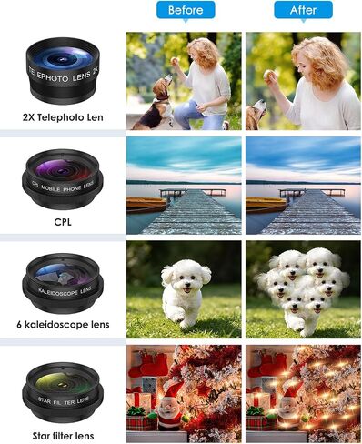 AMIR 7 in 1 Phone Camera Lens Kit with 2X Telephoto, 0.63X Wide Angle, 15X Macro, 198° Fisheye, CPL Filter, Star & Kaleidoscope Lens, HD Mobile Lens Set for iPhone, Samsung & Smartphones in Saudi Arabia
