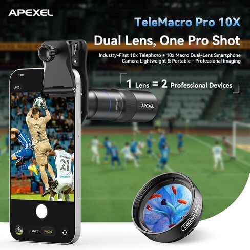 عدسة APEXEL 10X Tele-Macro Pro المزدوجة 2 في 1 لهاتف iPhone | عدسة تليفوتوغرافي وماكرو بمشبك لهاتف Samsung/Android | تكبير 10x للحفلات الموسيقية والسفر والاستكشاف في الهواء الطلق | التصوير الفوتوغرافي الاحترافي in Kuwait