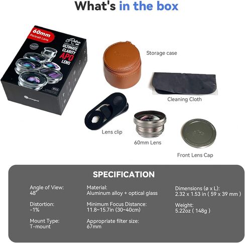Fotorgear 60mm Portrait Lens for Smartphone, HD 2X Telephoto External Lens with T-Mount Interface, Professional Optical Bokeh & Distortion-Free for iPhone 16/15/14, Samsung, Pixel in Saudi Arabia