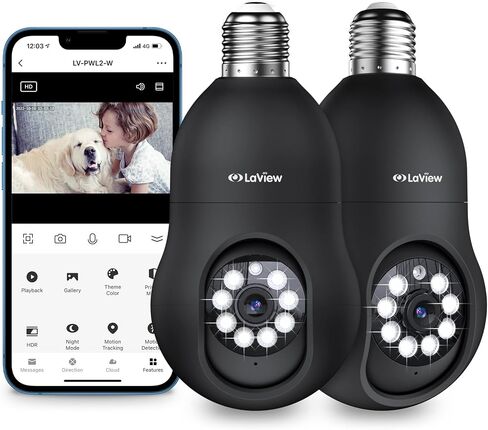 LaView 4MP Bulb Security Camera 2.4GHz,360° 2K Security Cameras Wireless Outdoor Indoor Full Color Day and Night, Motion Detection, Audible Alarm, Easy Installation, Compatible with Alexa (2 Pack) in Saudi Arabia