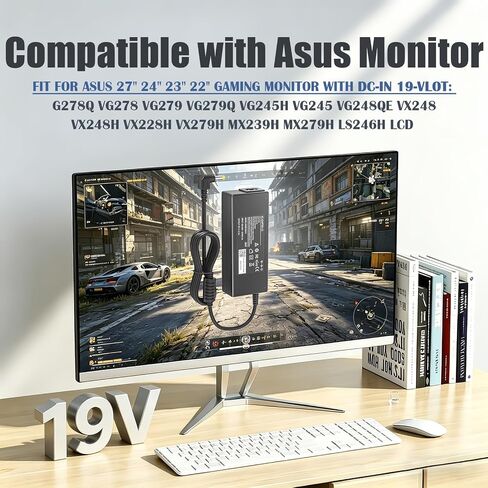 19V Charger Compatible with Asus Monitor Power Cord VG248QG VG278 VG245 | VG278Q VG278QR VG279 PG279Q VG245H VG248 VG27A VG27AQ VX248 VZ239 VC279H, for Asus 22'' 23'' 24'' 27'' Gaming Monitor Adapter in Saudi Arabia