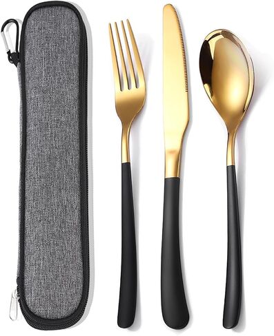 MURRI&MURRDI Travel Stainless Steel Cutlery Set for 1, Reusable Flatware Set with Case, Camping Silverware Set for Work, Knife Fork Spoon Utensil Set 3 Piece (Pink Gold) in Kuwait