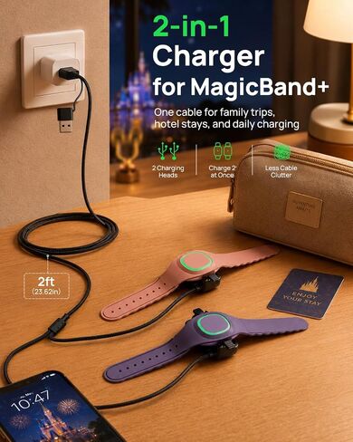متوافق مع شاحن MagicBand+ 2 في 1، ومنفذ USB-C وUSB-A المضفر من النايلون | شاحن بطول 2 قدم لـ Disney MagicBand+، رأسين للشحن، شاحن سفر بديل، لكابل شحن ساعة Magic Band Plus in Kuwait