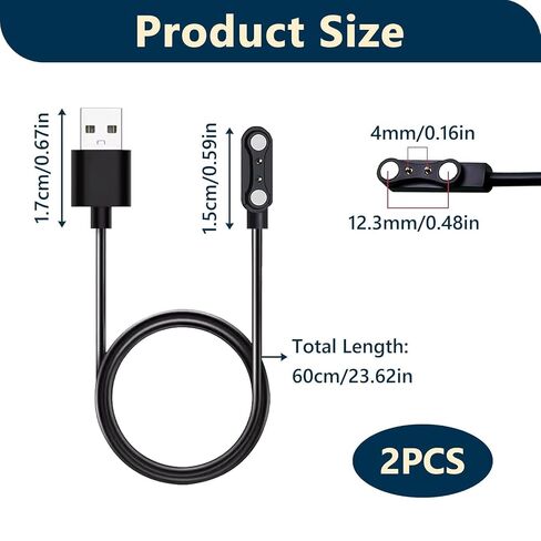 2Pcs Universal Smart Watch Magnetic Charger Cable, 2 Pin 4mm Pitch | Replacement Fast Charging Cord Compatible with Da Fit Gloryfit Smartwatch, Fitness Trackers, Headphones, Electronic Wearables in Saudi Arabia