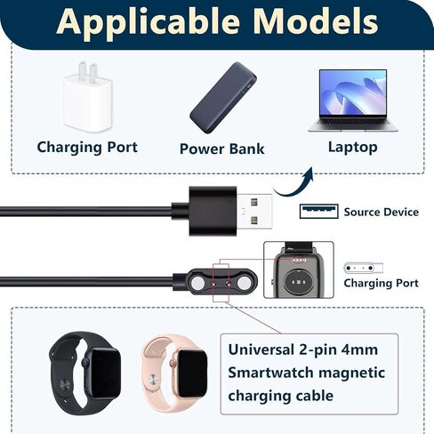 2Pcs Universal Smart Watch Magnetic Charger Cable, 2 Pin 4mm Pitch | Replacement Fast Charging Cord Compatible with Da Fit Gloryfit Smartwatch, Fitness Trackers, Headphones, Electronic Wearables in Saudi Arabia