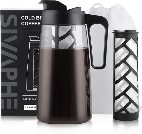 Sivaphe Large Ice Cold Coffee Maker 64 oz /2 L Traitan Plastic Leak Proof, Coffee/Tea Brewer Method with Reusable Removable Filter 2 Quart in Kuwait