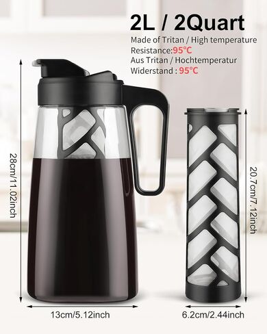 Sivaphe Large Ice Cold Coffee Maker 64 oz /2 L Traitan Plastic Leak Proof, Coffee/Tea Brewer Method with Reusable Removable Filter 2 Quart in Kuwait