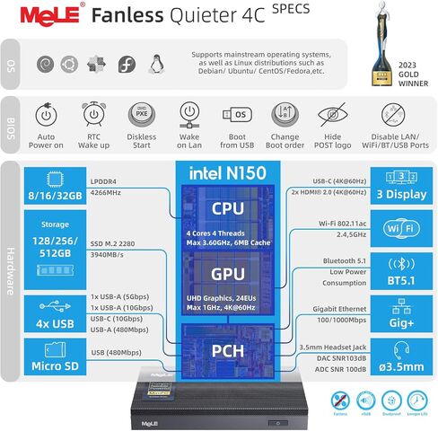 MeLE Fanless Mini PC Quieter 4C N150, 16GB RAM 512GB Storage, Win11 Pro | Full-Functional USB-C, 2.4G/5G WiFi, 4K Triple Display, 24/7 on Home, Office, Education, industrial, Astrophotography in Kuwait