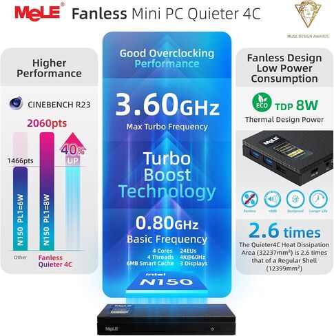 MeLE Fanless Mini PC Quieter 4C N150, 16GB RAM 512GB Storage, Win11 Pro | Full-Functional USB-C, 2.4G/5G WiFi, 4K Triple Display, 24/7 on Home, Office, Education, industrial, Astrophotography in Kuwait