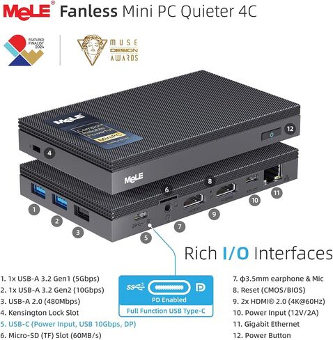 MeLE Fanless Mini PC Quieter 4C N150, 16GB RAM 512GB Storage, Win11 Pro | Full-Functional USB-C, 2.4G/5G WiFi, 4K Triple Display, 24/7 on Home, Office, Education, industrial, Astrophotography in Kuwait