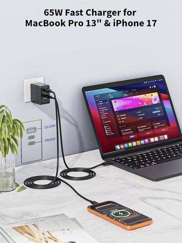 65W USB C Charger Block,3Port Fast MacBook Charger USB C with UK/EU/AU Plug | 2Pack 6.6FT USB C Cable with EU/UK/AU Travel Plug 65W Type C Charger Fast Charging for MacBook Pro/Air, iPhone 17/16/15, iPad in Kuwait