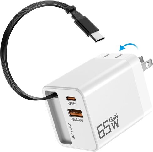 65W GaN USB C Charger 3-Port with Retractable 0.7m Cable(Purple) | Fast charging plug compatible with MacBook Pro/Air, iPhone 17/16/15, iPad, Galaxy S25/S24, Steam Deck and more devices in Saudi Arabia