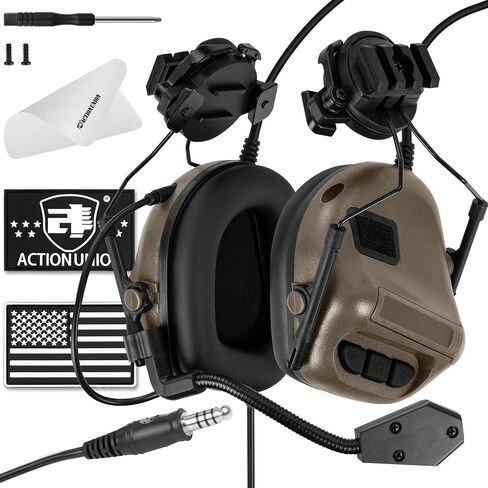 ACTIONUNION Tactical Airsoft Helmet Headset Pro with ANC (Tan) | With active noise canceling (ANC), 19-21 mm rail fit, 360-degree swivel, soft ear cups, detachable mic, PTT required in Saudi Arabia