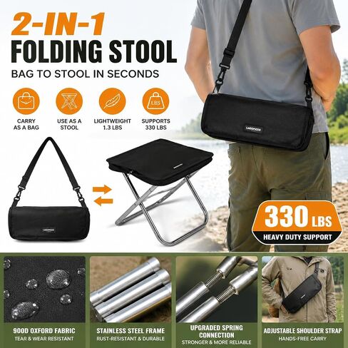 2-in-1 Folding Stool with Carry Bag for Hiking & Camping | Stainless Steel Frame, Shoulder Strap, Converts Bag to Seat, Supports 330 lbs in Saudi Arabia