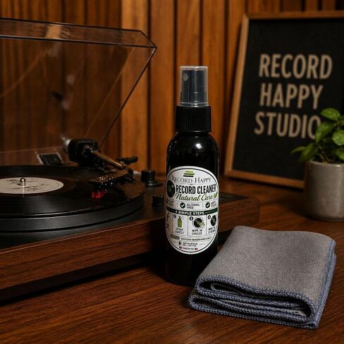 Vinyl Record Cleaning Kit Natural Cleaner & Microfiber Glove Set for LPs | Made in USA formula designed for deep groove album care and record dust removal, with an anti-static microfiber cloth glove in Saudi Arabia