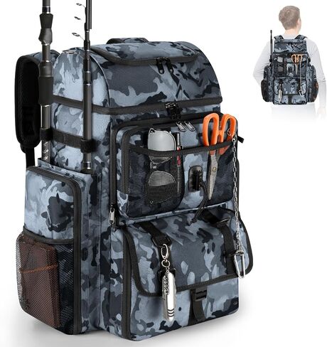 VJI 52L Large Fishing Tackle Backpack with Rod Holders, Black Camo | 900D Water-resistant, 52L Large Fishing Tackle Bag, for Fishing, Camping, Hiking in Saudi Arabia