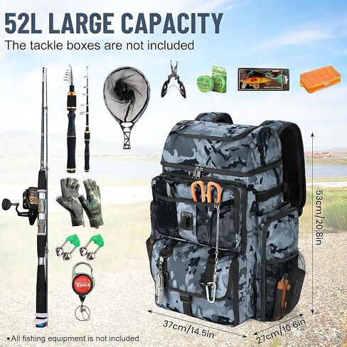 VJI 52L Large Fishing Tackle Backpack with Rod Holders, Black Camo | 900D Water-resistant, 52L Large Fishing Tackle Bag, for Fishing, Camping, Hiking in Saudi Arabia