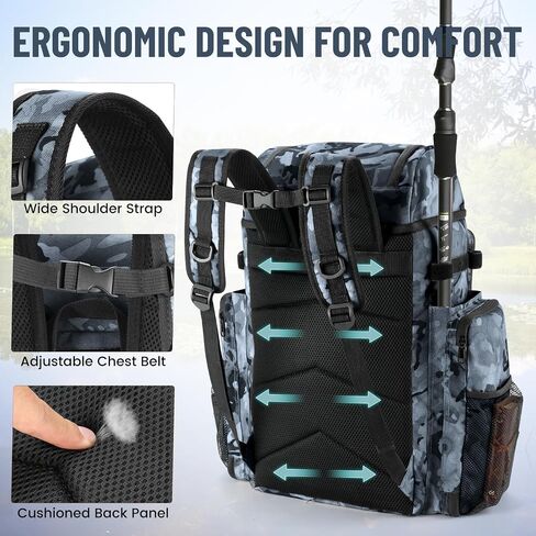 VJI 52L Large Fishing Tackle Backpack with Rod Holders, Black Camo | 900D Water-resistant, 52L Large Fishing Tackle Bag, for Fishing, Camping, Hiking in Saudi Arabia