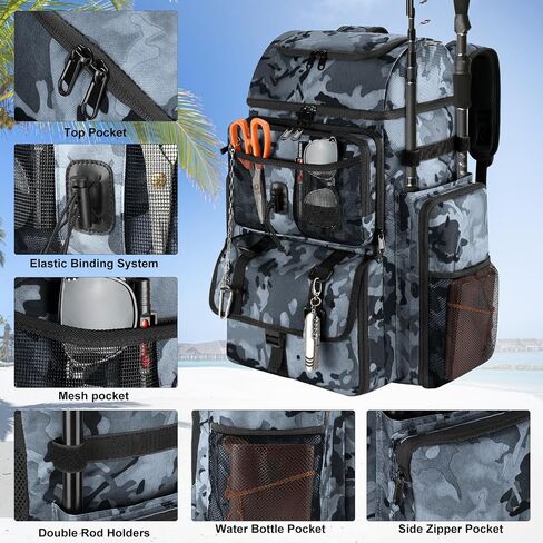 VJI 52L Large Fishing Tackle Backpack with Rod Holders, Black Camo | 900D Water-resistant, 52L Large Fishing Tackle Bag, for Fishing, Camping, Hiking in Saudi Arabia