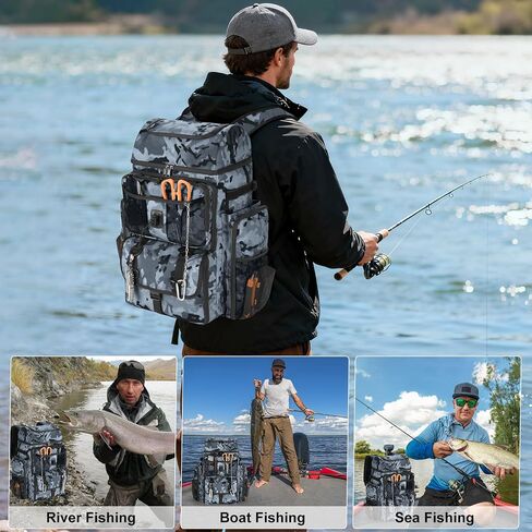 VJI 52L Large Fishing Tackle Backpack with Rod Holders, Black Camo | 900D Water-resistant, 52L Large Fishing Tackle Bag, for Fishing, Camping, Hiking in Saudi Arabia
