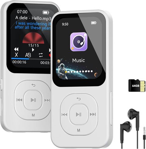 PECSU 64GB MP3 Player with Bluetooth 5.3, 30 Hrs Playtime, HD Screen Portable Music Player for Sports, Built-in Speaker, FM Radio, Voice Recorder, E-Book, Sleep Timer, Expandable Up to 256GB (White) in Kuwait