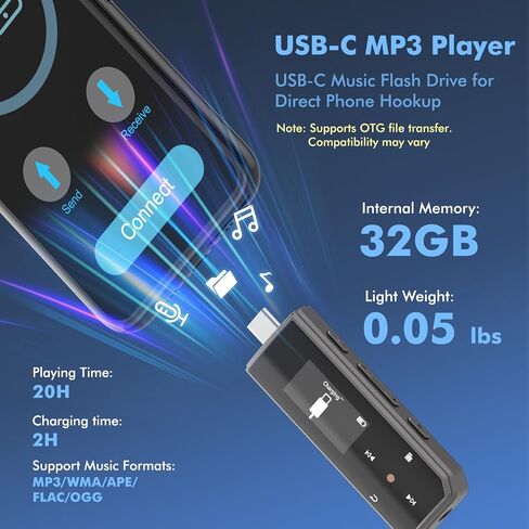 مشغل MP3 RUIZU سعة 32 جيجابايت USB-C مع بلوتوث 5.3 ومشبك للجري الرياضي | مشغل موسيقى محمول مع راديو FM، ومسجل صوت بزر واحد، وتكرار خلط الصوت الرقمي، ونقل ملفات الهاتف المحمول in Kuwait