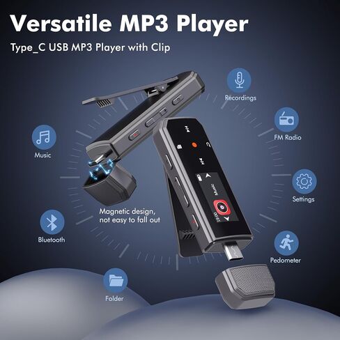 مشغل MP3 RUIZU سعة 32 جيجابايت USB-C مع بلوتوث 5.3 ومشبك للجري الرياضي | مشغل موسيقى محمول مع راديو FM، ومسجل صوت بزر واحد، وتكرار خلط الصوت الرقمي، ونقل ملفات الهاتف المحمول in Kuwait