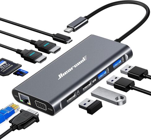 Hiearcool USB C Docking Station, 11-in-1 Dock, HDMI, VGA, Ethernet, Grey | Triple display via 2 HDMI and VGA; plug-and-play, 100W PD, USB and SD/TF; compatible for HP, Dell and Lenovo USB C laptops in Kuwait