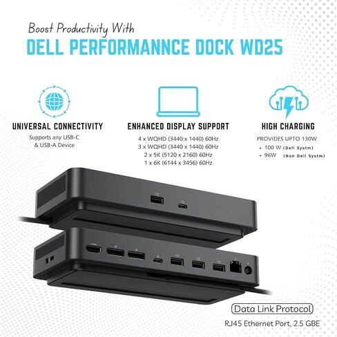 WD25 Dell Pro Dock USB-C Docking Station - 100W Power - 3 Year Warranty | HDMI 2.1 & DisplayPort 1.4, 2.5GbE Ethernet, USB-A & USB-C Ports, Fast Data Transfer & Power Delivery for USB-C Devices in Saudi Arabia
