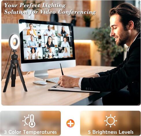 Ring Light with Tripod and Clamp, [3 Color, 5 Brightness & Timer] USB Plug Clip On Lights for Laptop Working Distance Learning Zoom Call Self Broadcasting Live Streaming Video Conference Lighting in Saudi Arabia