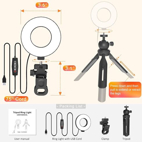 Ring Light with Tripod and Clamp, [3 Color, 5 Brightness & Timer] USB Plug Clip On Lights for Laptop Working Distance Learning Zoom Call Self Broadcasting Live Streaming Video Conference Lighting in Saudi Arabia