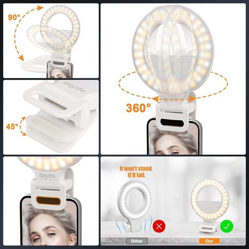 Diyife Selfie Ring Light, 60 LED Rechargeable Selfie Light for Phone | 360° Rotation 1000mAh 10 Level Brightness Portable Phone Clip on Light for Laptop, Makeup, Vlog, TikTok, Video Recording in Kuwait
