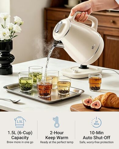 Bear Electric Kettle, 1.5L 304 Stainless Steel Water Boiler, 1500W Fast Boiling Tea Kettle with Double Wall Cool Touch, Auto Shut-Off & Boil-Dry Protection, BPA-Free, Cream in Saudi Arabia