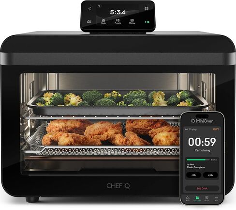 مجموعة مقلاة الهواء الذكية من تشيف iQ MiniOven، فرن حراري 11 في 1، خبز، شويل، قلي الهواء، شواء، تجفيف، 1750 وات، سعة 25 كيو تي، طهي سريع مع عناصر تحكم تعمل باللمس - أسود in Kuwait
