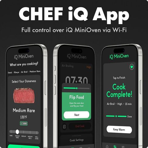 مجموعة مقلاة الهواء الذكية من تشيف iQ MiniOven، فرن حراري 11 في 1، خبز، شويل، قلي الهواء، شواء، تجفيف، 1750 وات، سعة 25 كيو تي، طهي سريع مع عناصر تحكم تعمل باللمس - أسود in Kuwait