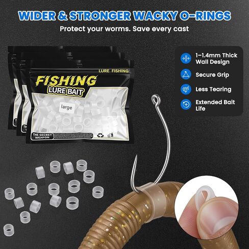 Wacky Worm O-Rings with Tool, Wide Thick Silicone Bait Saver | 271PCS Wacky Rig Kit for Bass Fishing, Protect Soft Plastic Worms from Tearing, Fits 3–7 Inch Senko Worms, Two Fishing Hooks in Saudi Arabia