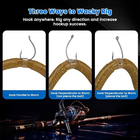 Wacky Worm O-Rings with Tool, Wide Thick Silicone Bait Saver | 271PCS Wacky Rig Kit for Bass Fishing, Protect Soft Plastic Worms from Tearing, Fits 3–7 Inch Senko Worms, Two Fishing Hooks in Saudi Arabia