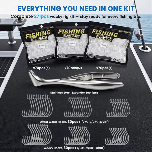 Wacky Worm O-Rings with Tool, Wide Thick Silicone Bait Saver | 271PCS Wacky Rig Kit for Bass Fishing, Protect Soft Plastic Worms from Tearing, Fits 3–7 Inch Senko Worms, Two Fishing Hooks in Saudi Arabia