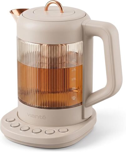Viante Nina Electric Tea Kettle with Infuser, No Plastic In Contact With Water, 1.5L Borosilicate Glass, 304 Stainless Steel, 4 Temp Presets, Keep Warm, Cordless, Auto Shut-Off, Beige in Saudi Arabia