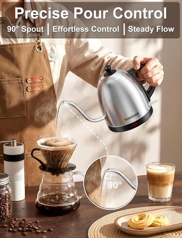 Stariver Gooseneck Electric Kettle, 1L Stainless Steel Pour Over Tea Pot | Fast Heating, Auto Shut-Off, Boil-Dry Protection, BPA-Free, for Pour Over Coffee, Tea, Drip Brew, Home or Office in Saudi Arabia