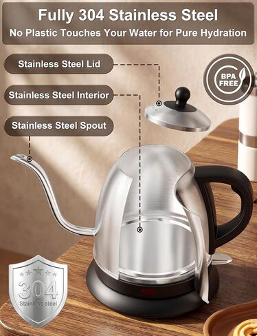 Stariver Gooseneck Electric Kettle, 1L Stainless Steel Pour Over Tea Pot | Fast Heating, Auto Shut-Off, Boil-Dry Protection, BPA-Free, for Pour Over Coffee, Tea, Drip Brew, Home or Office in Saudi Arabia