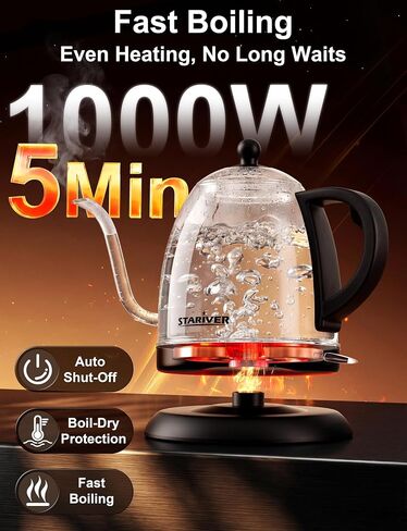 Stariver Gooseneck Electric Kettle, 1L Stainless Steel Pour Over Tea Pot | Fast Heating, Auto Shut-Off, Boil-Dry Protection, BPA-Free, for Pour Over Coffee, Tea, Drip Brew, Home or Office in Saudi Arabia